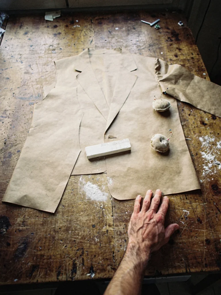 Cartamodello di carta marrone di una giacca steso su un banco di legno consumato, con un gesso da sarto, due puntaspilli e la mano del sarto appoggiata sul bordo