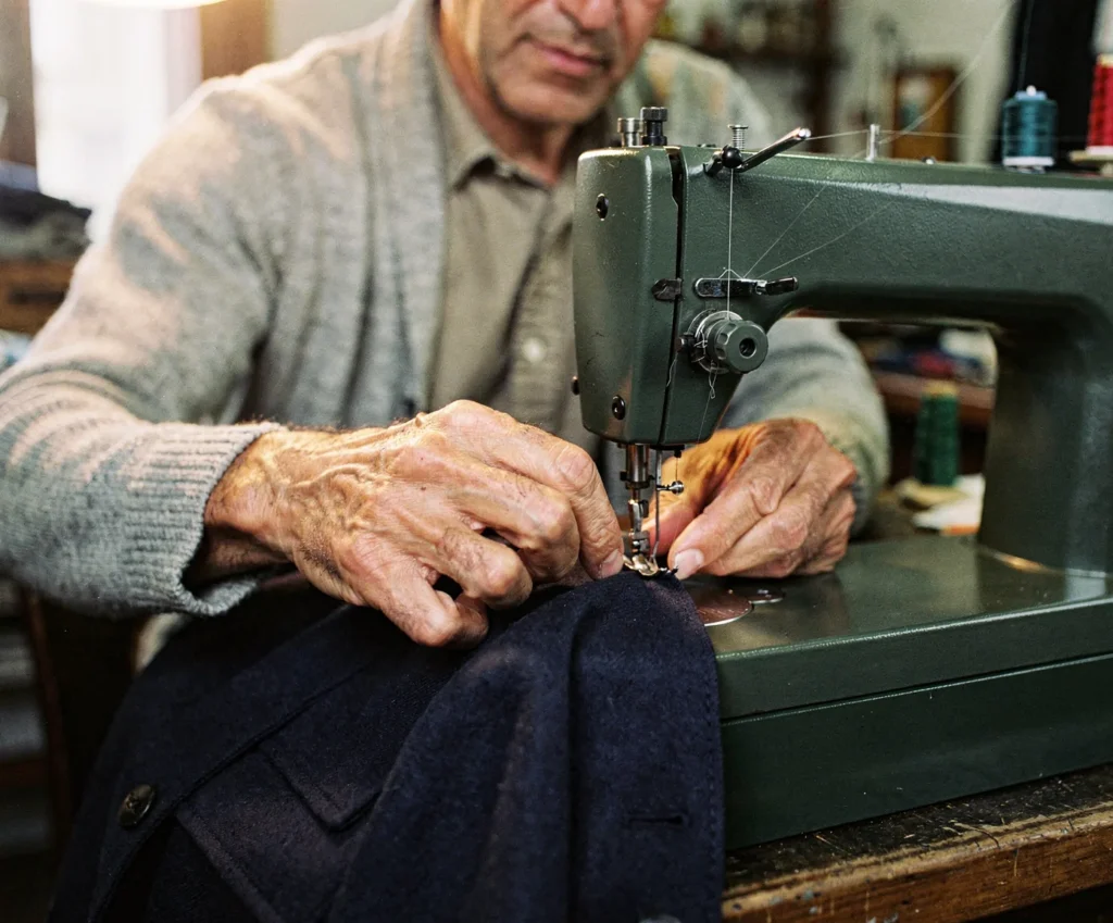 Sarto anziano in cardigan grigio che guida con le mani la manica di una giacca blu sotto l'ago di una vecchia macchina da cucire verde