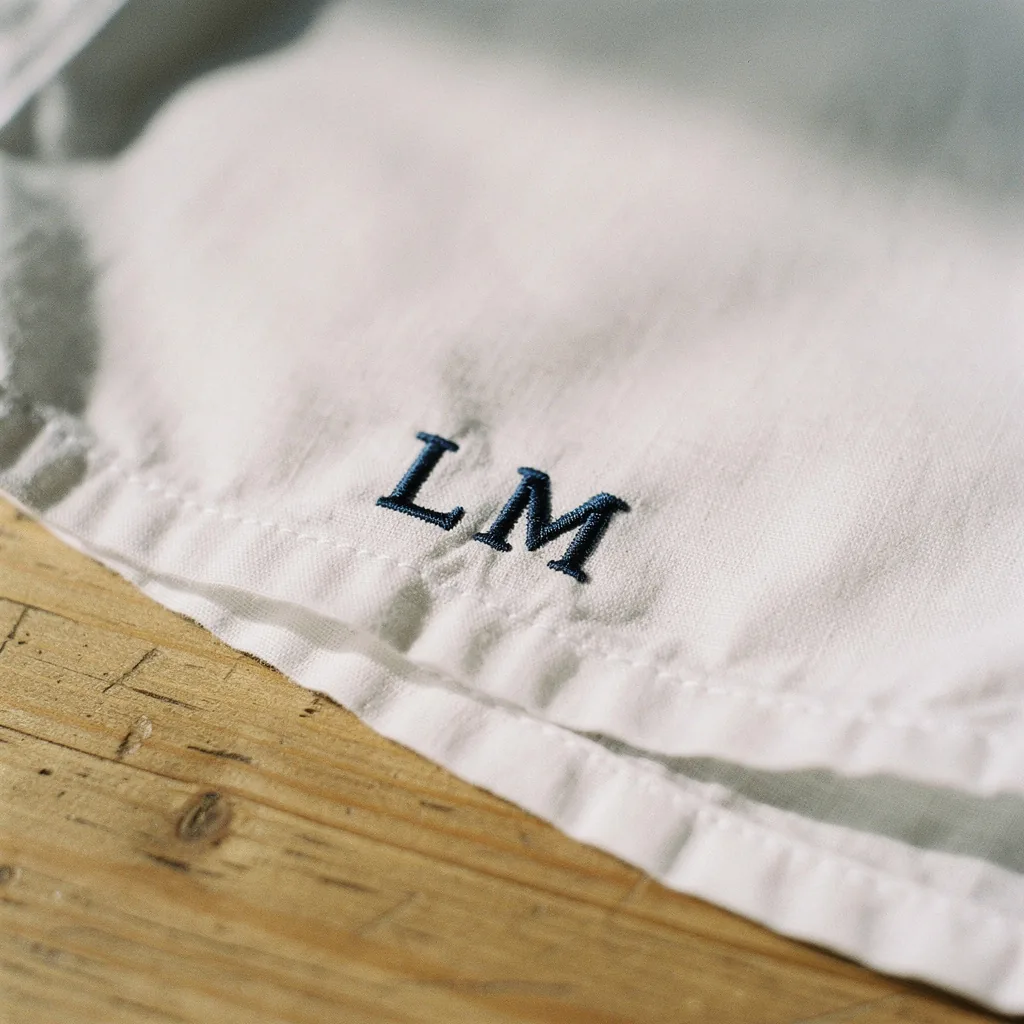 Iniziali ricamate in filo blu sul fianco di una camicia bianca di cotone, appoggiata su un tavolo di legno