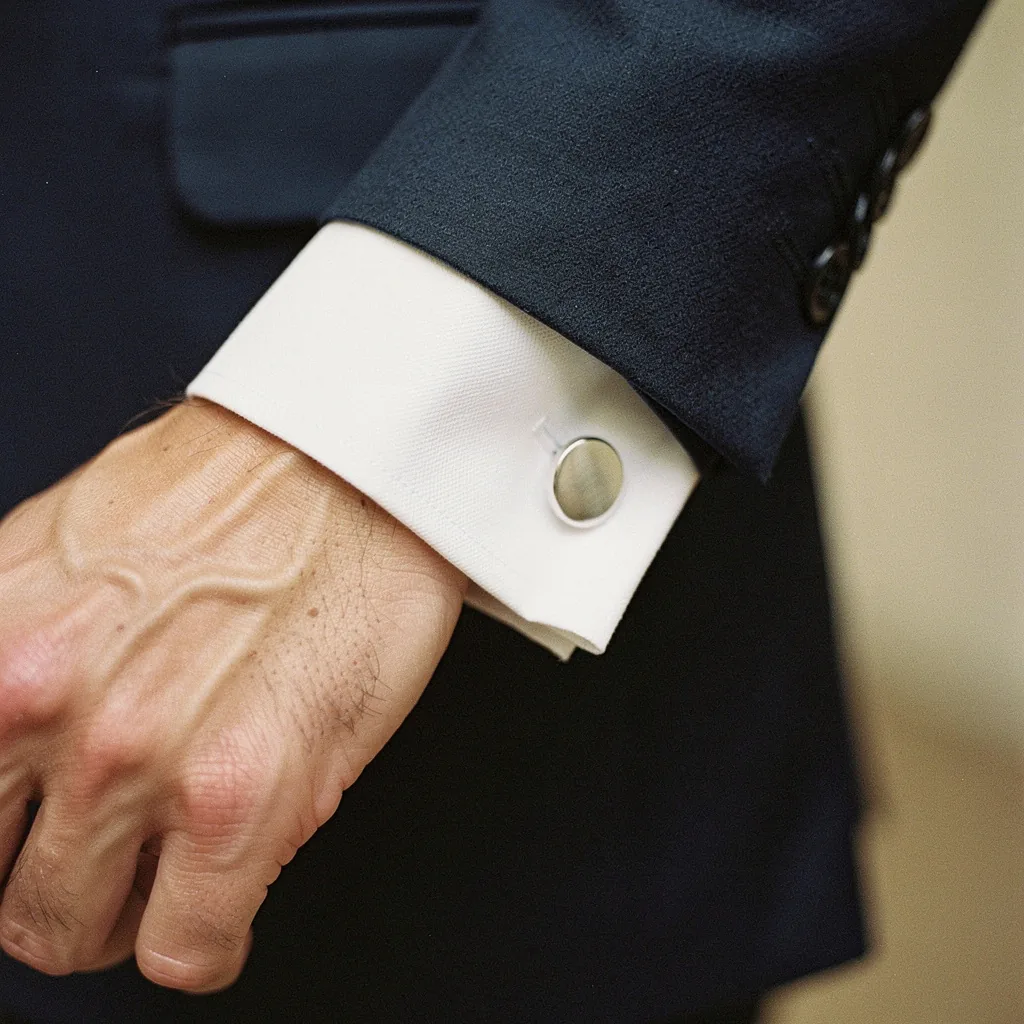 Polso di un uomo con il polsino di una camicia bianca chiuso da un gemello d'argento rotondo, che spunta dalla manica di una giacca blu