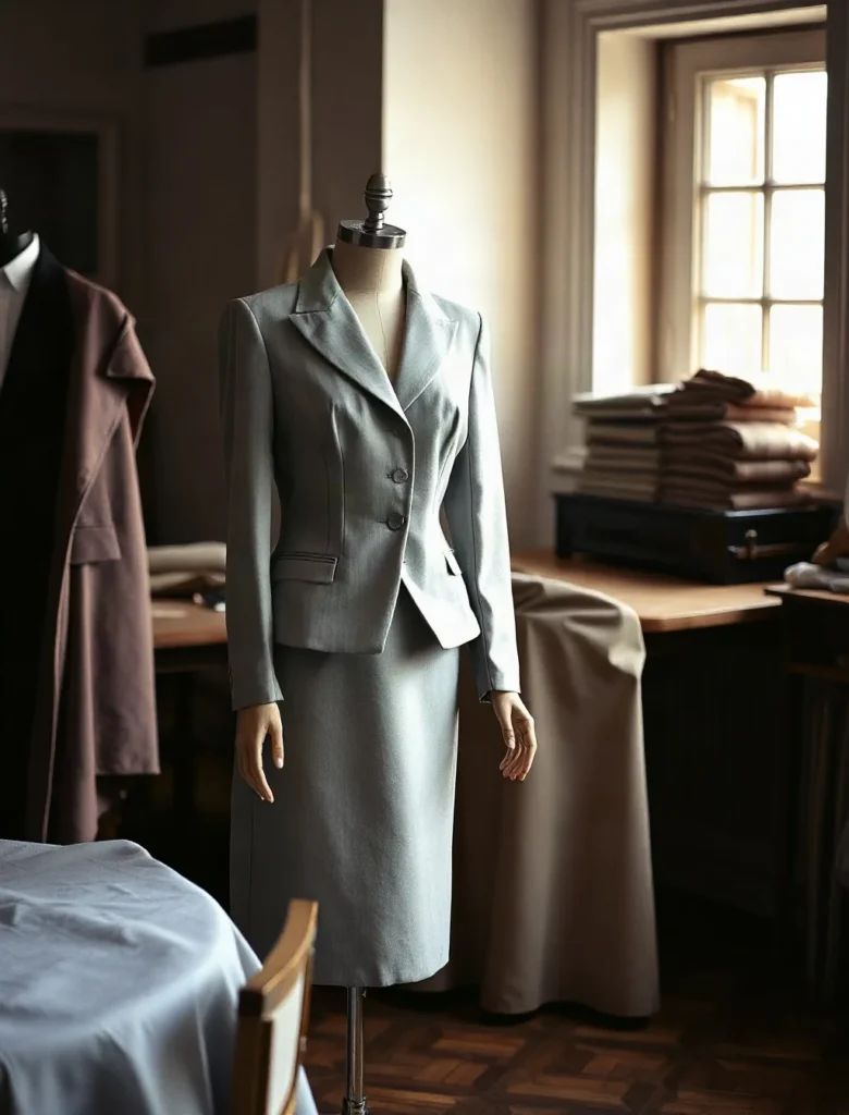 Tailleur da donna grigio chiaro con giacca e gonna su un manichino da sarta, vicino a una finestra