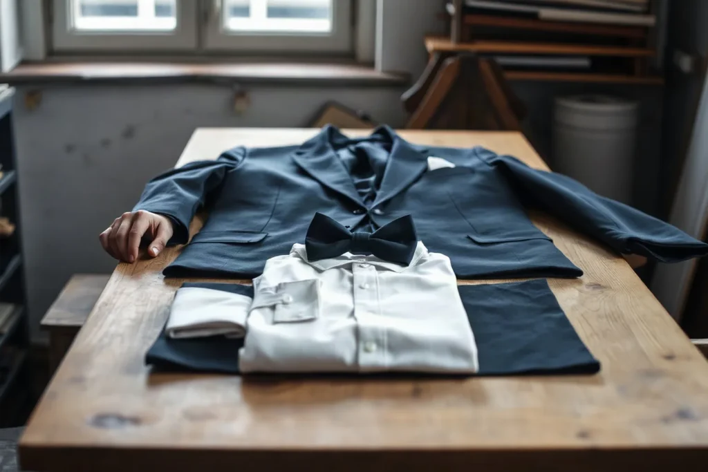 Giacca blu, camicia bianca piegata e papillon scuro disposti su un tavolo di legno
