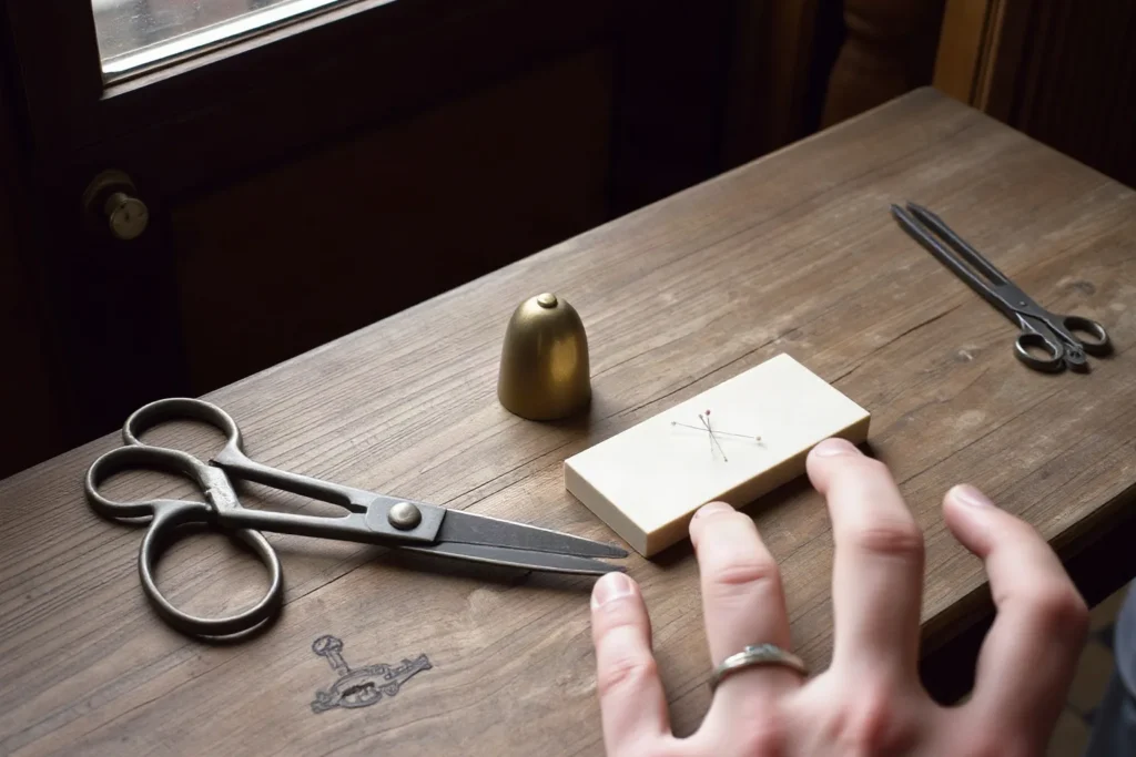 Forbici d'epoca, un ditale d'ottone e un gesso da sarto su un vecchio tavolo di legno vicino alla finestra