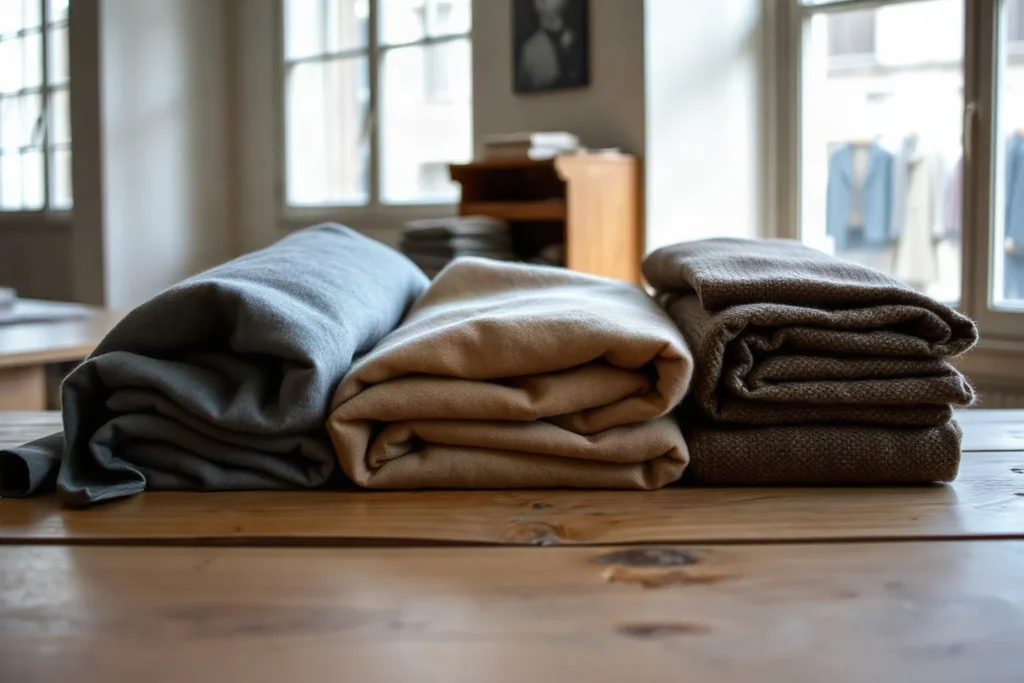 Tre tessuti piegati uno accanto all'altro su un tavolo: lana grigia liscia, cashmere color cammello e tweed marrone