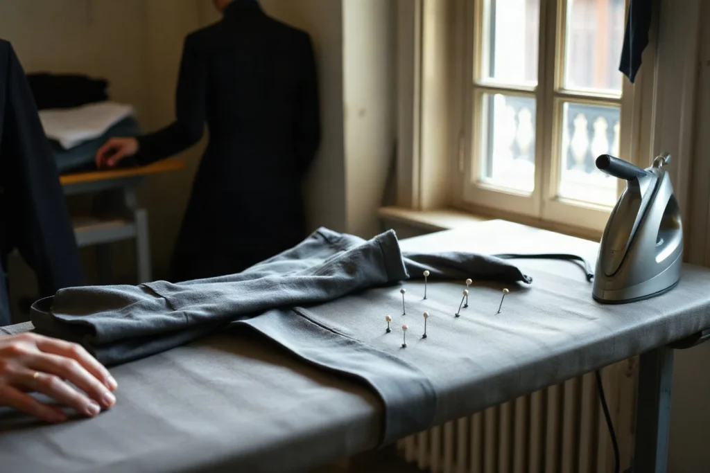 Pantaloni grigi stesi sull'asse da stiro con una fila di spilli sull'orlo e un ferro da stiro accanto