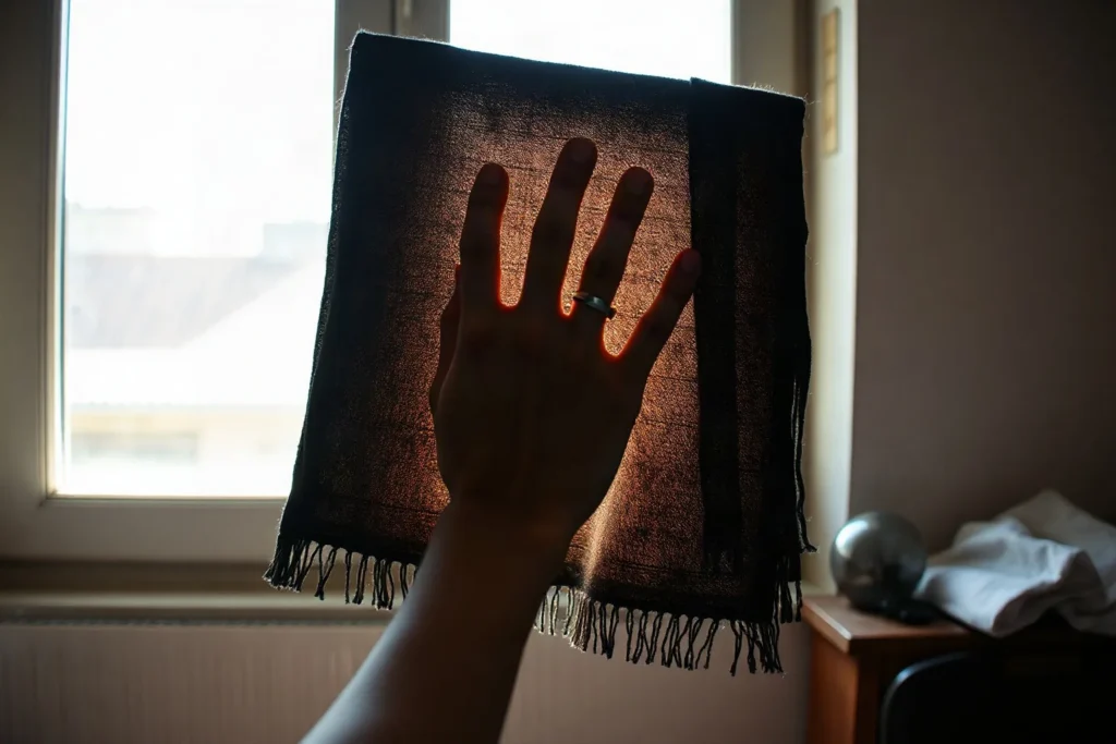 Mano dietro un pezzo di tessuto scuro tenuto davanti a una finestra, con la luce che passa attraverso la trama