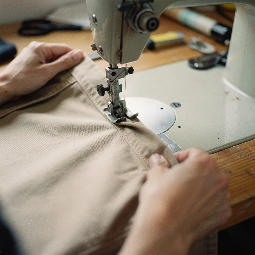 Piedino di una macchina da cucire che cuce l'orlo di un pantalone di cotone beige, con le mani che guidano il tessuto