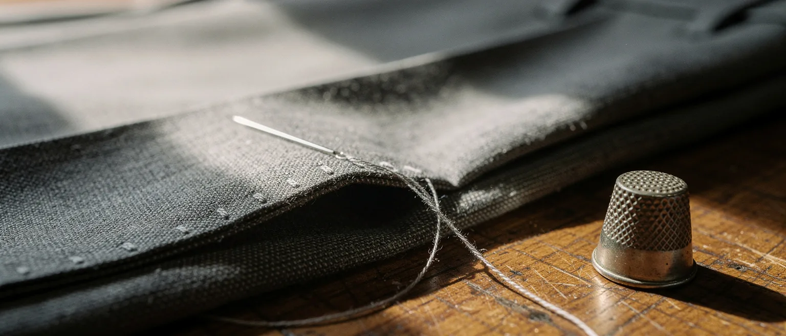 Rovescio dell'orlo di un pantalone di lana grigia cucito a mano a punti piccoli, con un ago infilato appoggiato sulla piega e un ditale sul tavolo