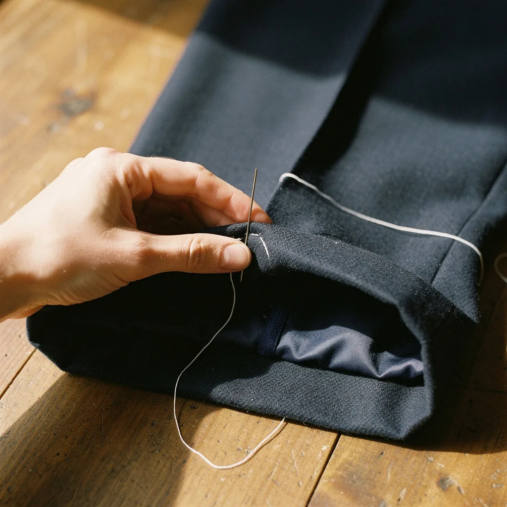 Mano che tiene ripiegato il fondo di un pantalone di lana blu mentre l'ago passa nella piega con un filo bianco