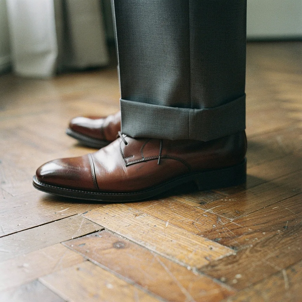 Fondo di un pantalone di flanella grigia con il risvolto che cade su una scarpa di cuoio marrone, su un parquet a spina di pesce