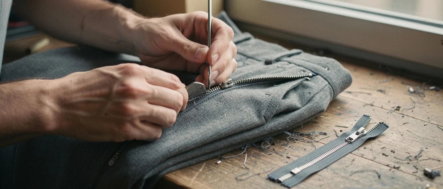 Mani che scuciono con un taglia cuciture la vecchia cerniera metallica di un paio di pantaloni grigi, con la cerniera nuova appoggiata sul banco