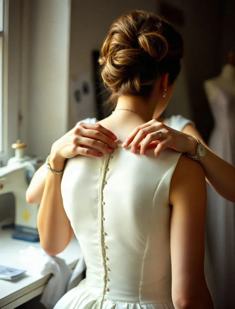 Sarta che sistema con le mani i bottoncini sulla schiena del corpetto avorio di un abito da sposa, vista di spalle