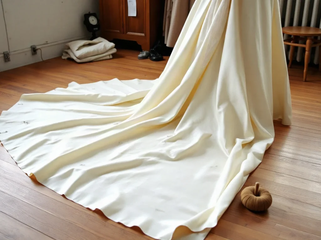 Lungo strascico di raso avorio di un abito da sposa steso su un pavimento di legno, con un puntaspilli accanto