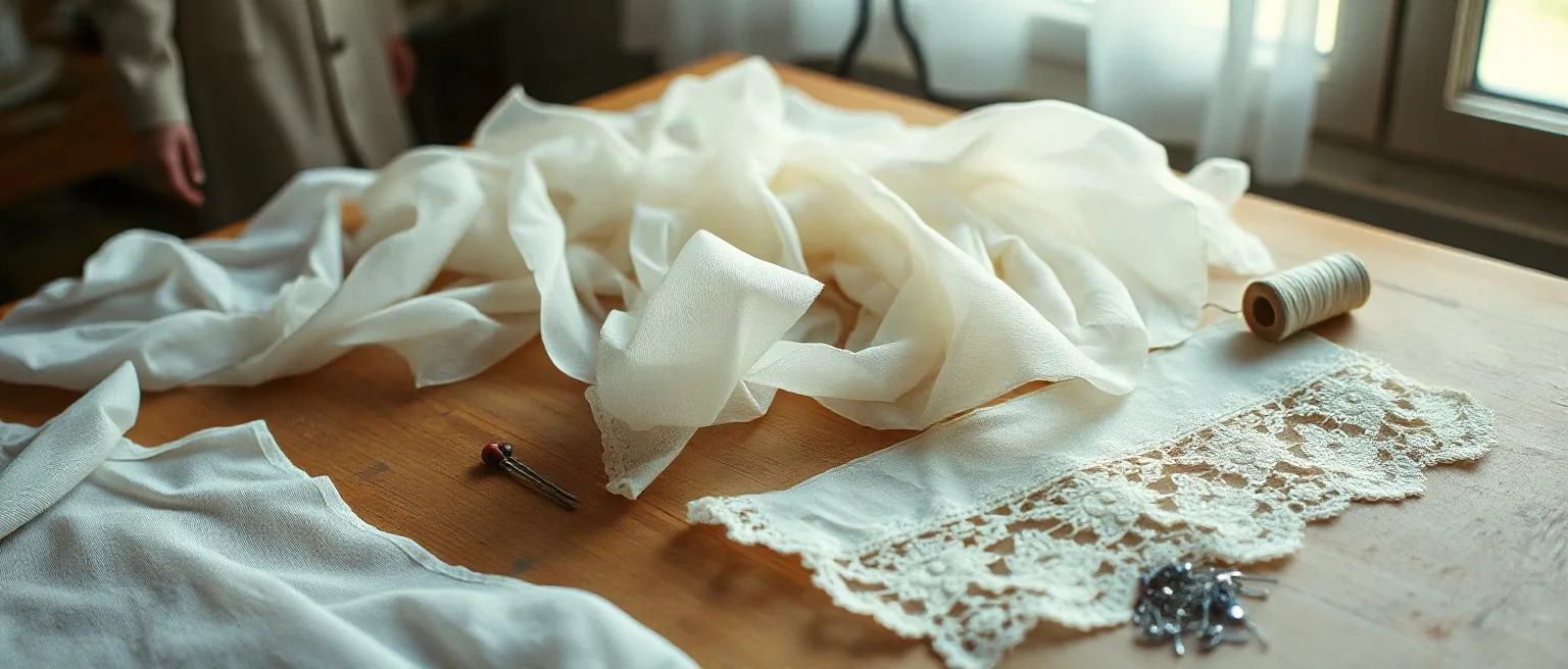 Tulle avorio e una striscia di pizzo a fiori stesi su un tavolo da taglio di legno, con un rocchetto di filo e degli spilli