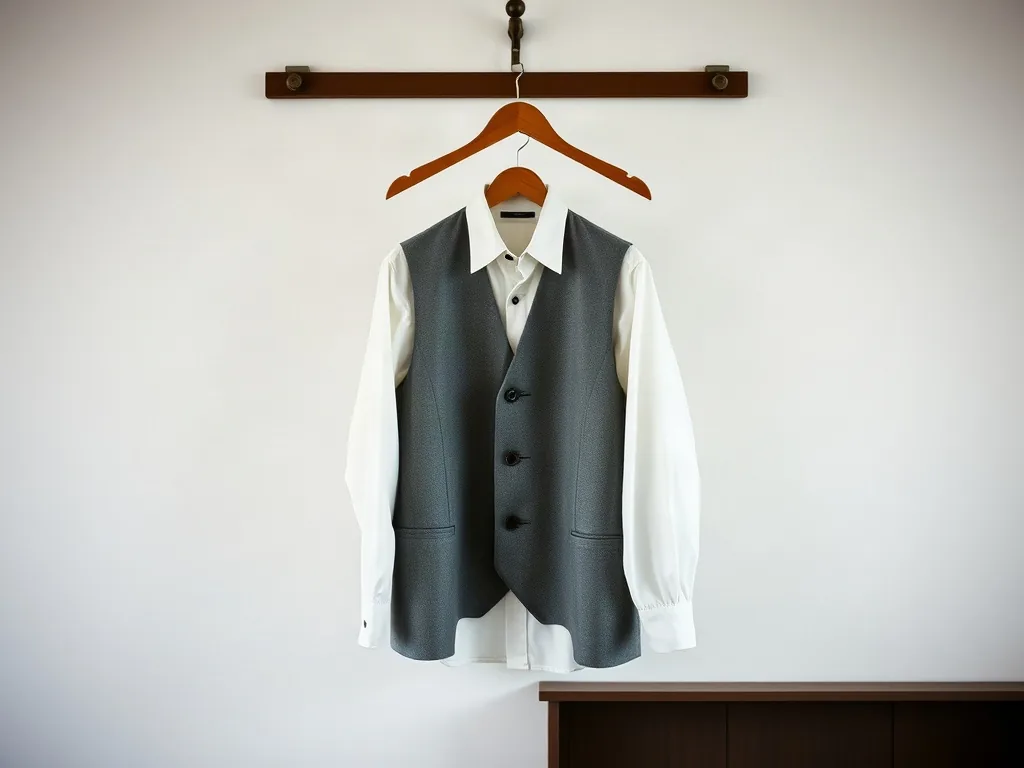Gilet di lana grigio e camicia bianca appesi insieme a una gruccia di legno contro una parete chiara