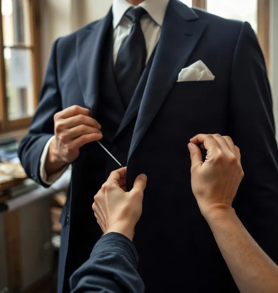 Sposo con giacca blu aperta e cravatta scura mentre la sarta appunta con uno spillo il davanti della giacca, in una bottega con finestre alte